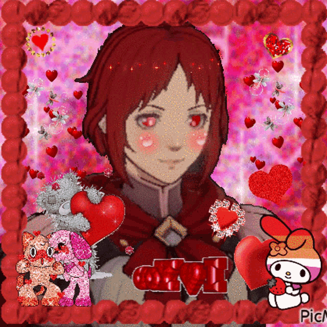 a picture of a girl with red hair surrounded by hearts and the word love on the bottom