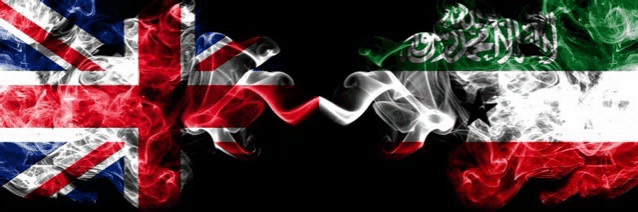 the flags of the united kingdom and kuwait are smoked together on a black background