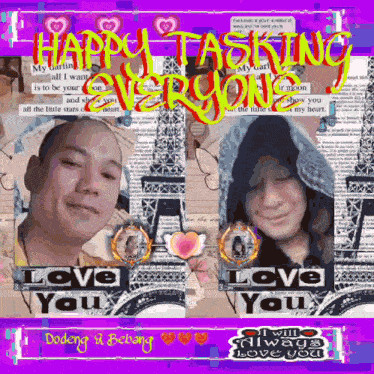 a picture of a man and a woman with the words happy tasking everyone above them
