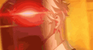 a close up of a man 's face with a red light coming out of his eyes .
