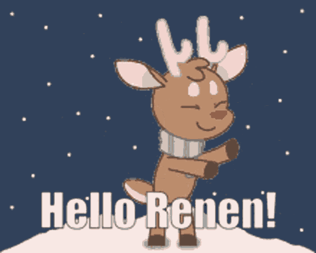 a cartoon reindeer with the words hello renen on the bottom