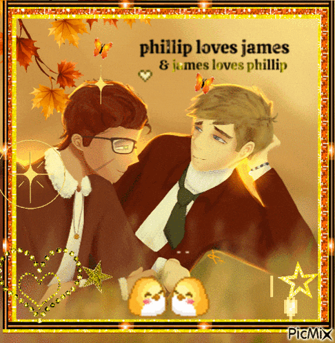 a picture of two men with the words phillip loves james and james loves phillip on it