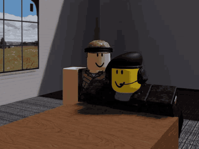 two roblox characters are sitting on a wooden table in a room