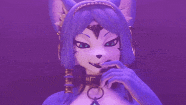 a purple furry character with blue eyes and a collar around her neck