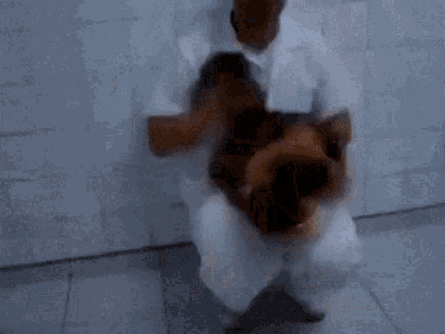 a man in a white shirt is holding a cat