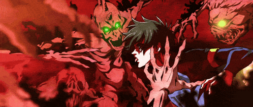 a cartoon of a man surrounded by skulls and monsters with green eyes