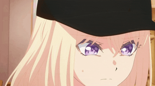 a blonde anime girl wearing a black hat and purple eyes