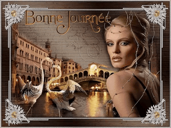 a picture of a woman and swans with the words bonne journee on the bottom