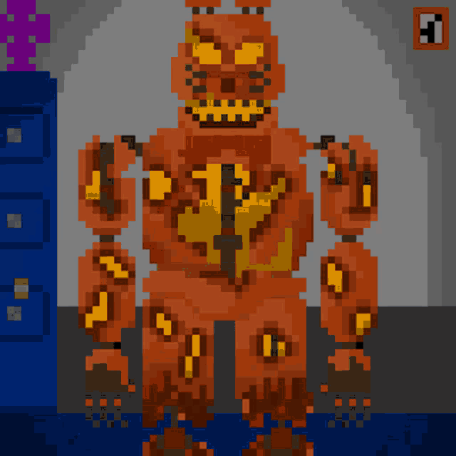 a pixel art of a robot with a bow tie and lightning bolts on his arms