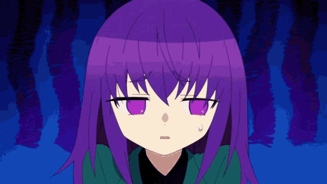 a girl with purple hair and purple eyes looks shocked