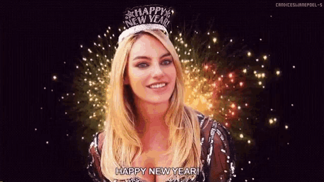 a woman wearing a new year 's eve crown is smiling and says happy new year .