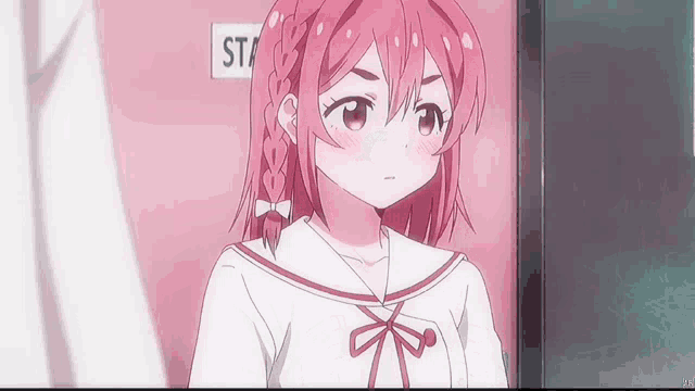a girl with pink hair and braids is standing in front of a pink door .