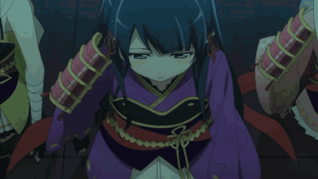 a girl with blue hair is wearing a purple and red outfit