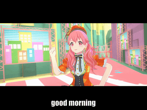a pink haired anime girl says good morning in a video