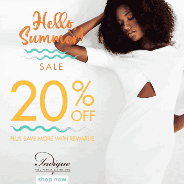 an advertisement for virgin hair extensions says hello summer sale 20 % off