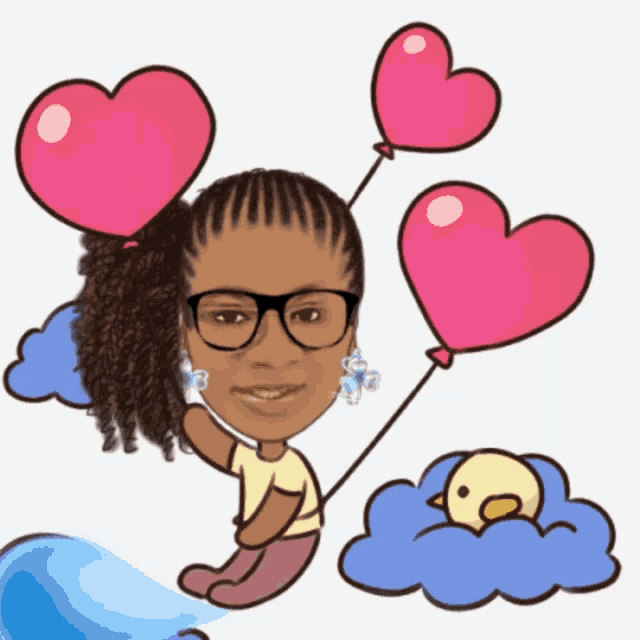 a cartoon of a woman holding balloons with hearts on them