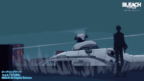 a man stands in front of a bleach helicopter