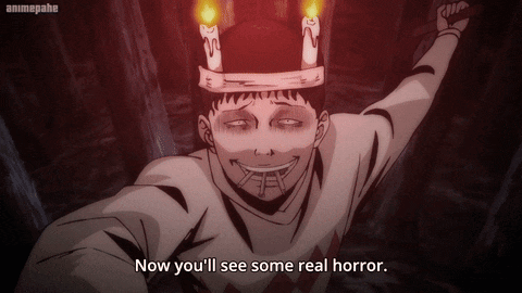 a cartoon of a man with candles on his head and the words now you 'll see some real horror
