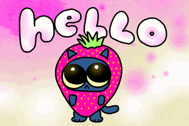 a drawing of a cat dressed as a strawberry with the word hello written above it
