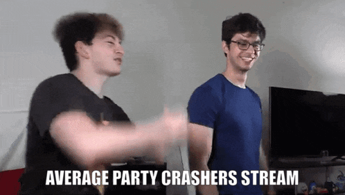 two young men are standing next to each other in a living room and one of them is saying `` average party crashers stream '' .