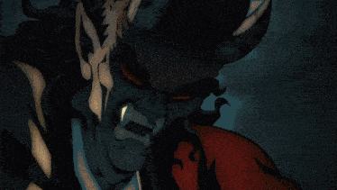 a cartoon drawing of a demon with red eyes and fangs