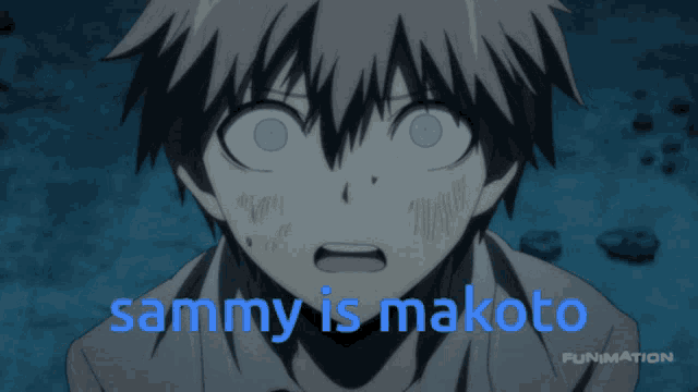 a close up of a person 's face with the words sammy is makoto below it