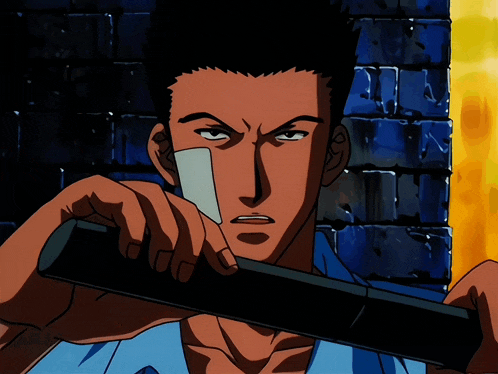 a man in a blue shirt is holding a sword