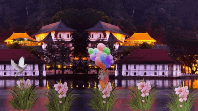 a painting of a lake with flowers and balloons