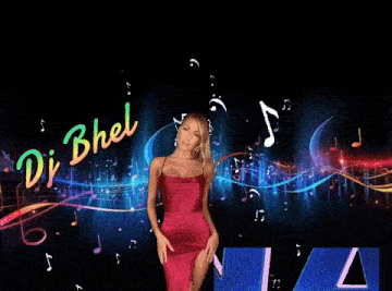 a woman in a red dress is standing in front of a colorful background that says onair
