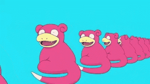 a row of pink monkeys with yellow beaks are sitting in a row on a blue background .
