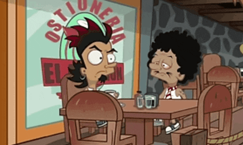 a cartoon of two people sitting at a table in front of a store called ostineria