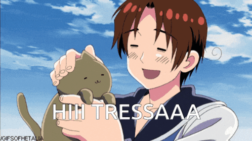 a gif of a boy petting a cat with the words hhh tressaaa
