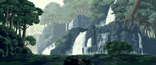a pixel art of a waterfall in a jungle