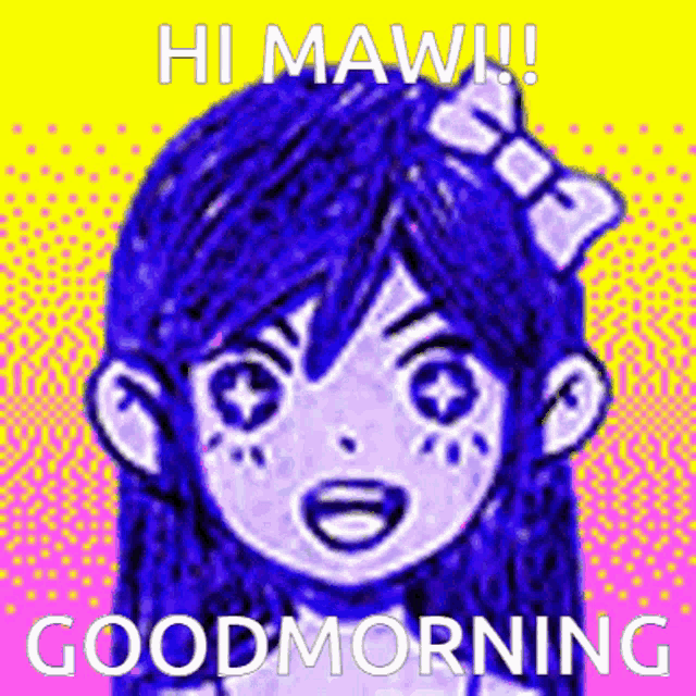 a girl with blue hair and a bow in her hair says hi mawi ! good morning .