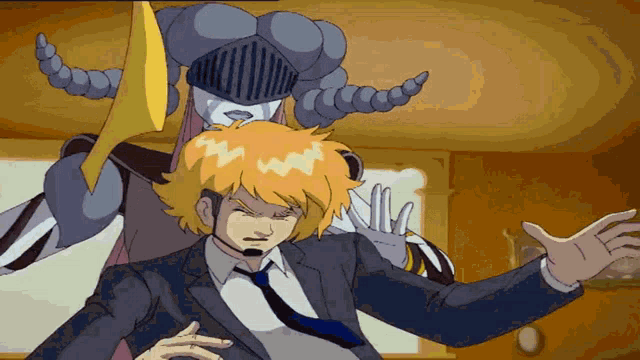 a cartoon of a man in a suit and tie standing next to a knight