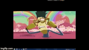 a computer screen shows a cartoon character with a rainbow behind him