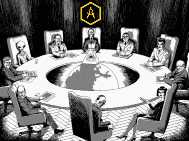 a group of people sitting around a round table with a pyramid in the center