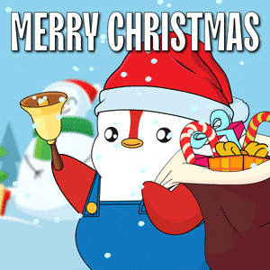 a merry christmas card with a snowman holding a bell and a bag of gifts