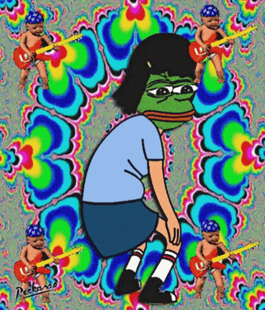 a cartoon of a frog holding a guitar with the name picasso on it