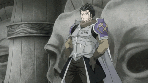 a man in armor stands in front of a statue with the word zero on his chest