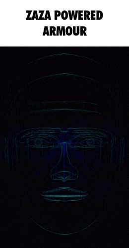 a drawing of a man 's face and the words zaza powered armour