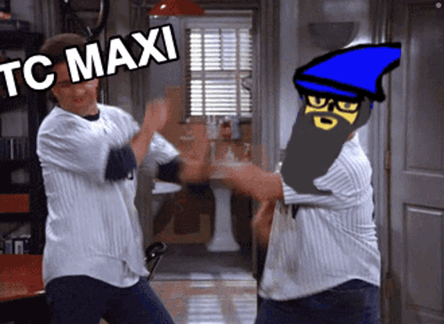 two men are dancing in a room with tc maxi written on the top