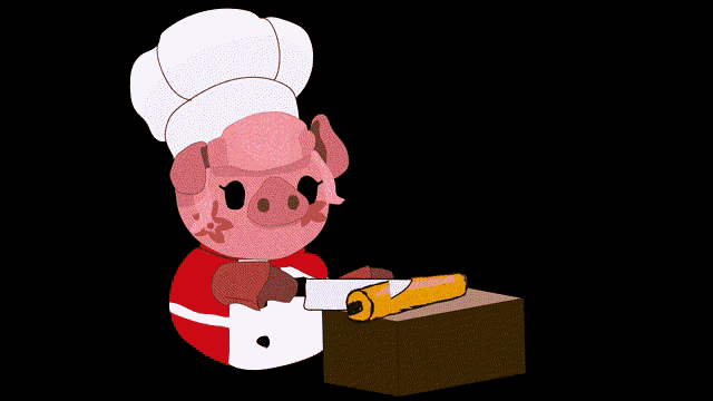 a cartoon pig wearing a chef 's hat is cutting a roll of cheese
