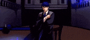 a man in a suit and tie is standing in a room with the number 1 in the corner
