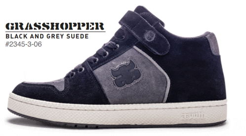 a pair of black and grey suede grasshopper sneakers on a white background