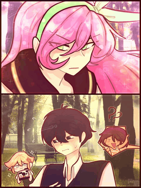 a drawing of a girl with pink hair and a question mark