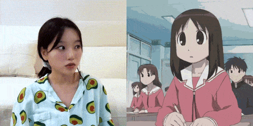 a girl in a pajama with avocados on it next to a girl in a classroom