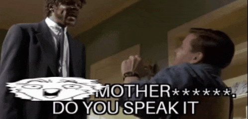 a man in a suit and tie is talking to another man with the words mother do you speak it behind him