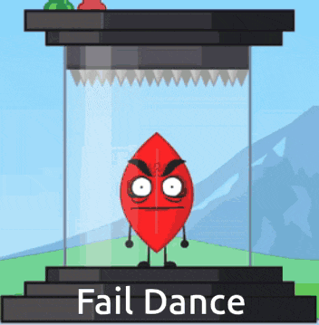 a red leaf with arms and legs is in a glass container with the words fail dance below it