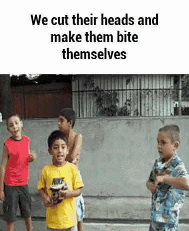 a group of young boys are standing in front of a wall with the words we cut their heads and make them bite themselves